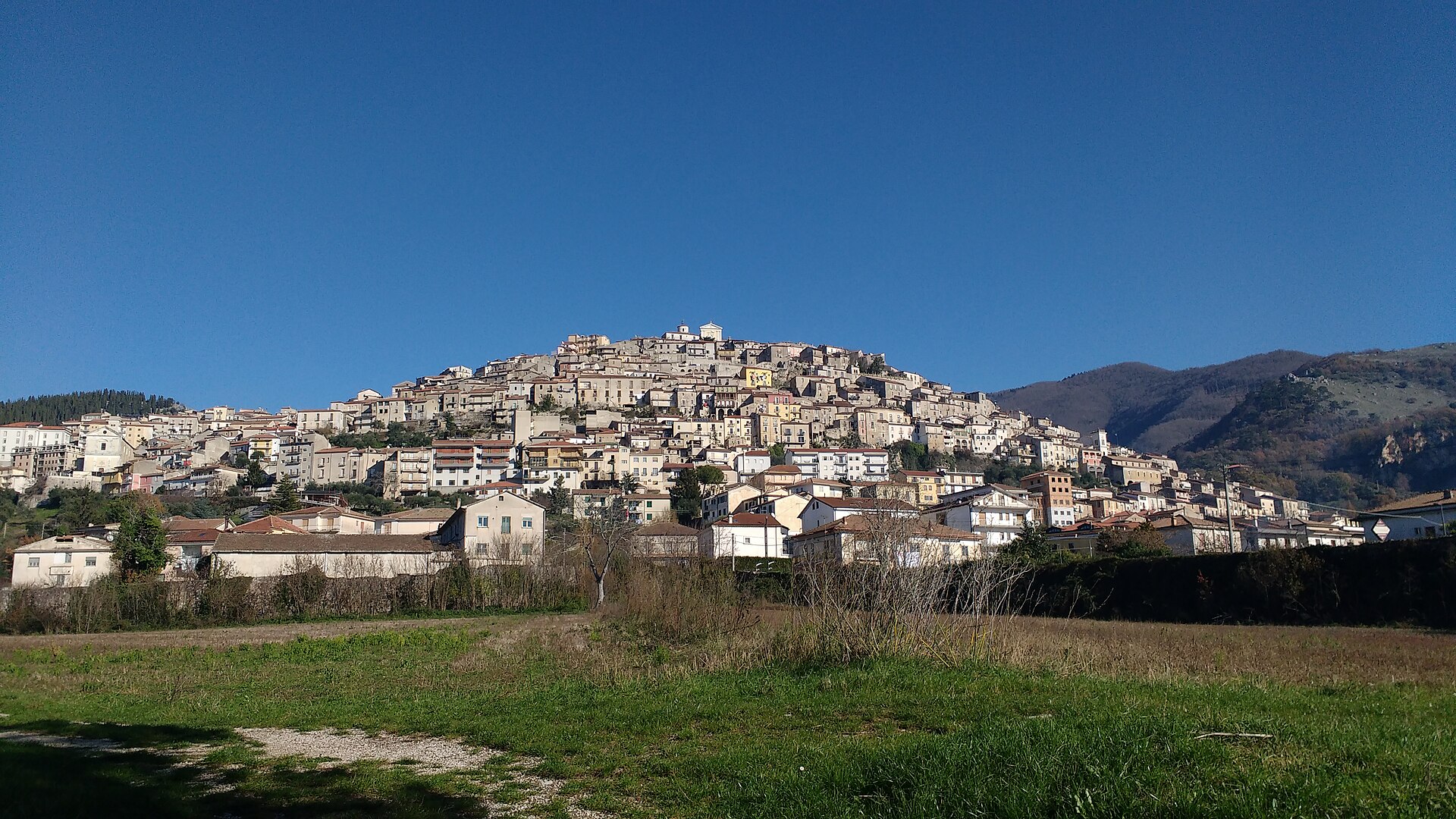 Panorama of Padula seen from the valley below the town.