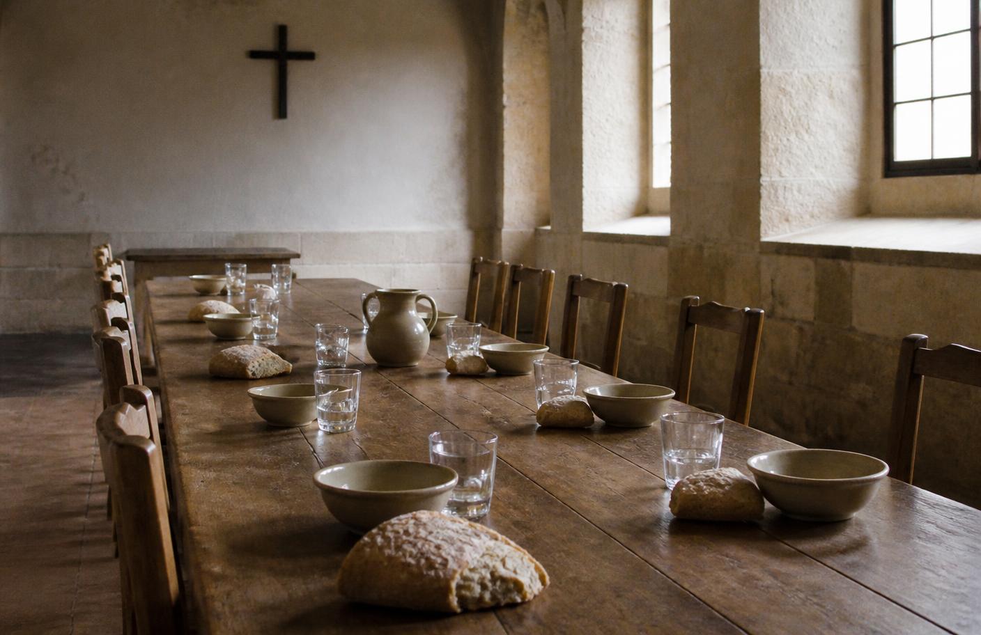 A long refectory table set simply with bread, water and ceramic bowls.